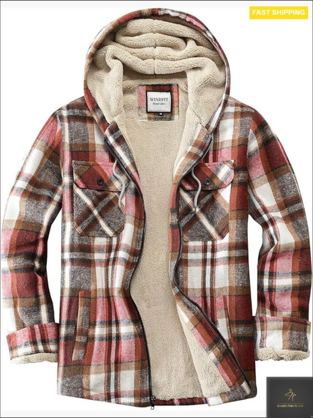 Full Zip Flannel Jacket Plaid Sherpa Lined Hooded Double Pocket Medium Weight